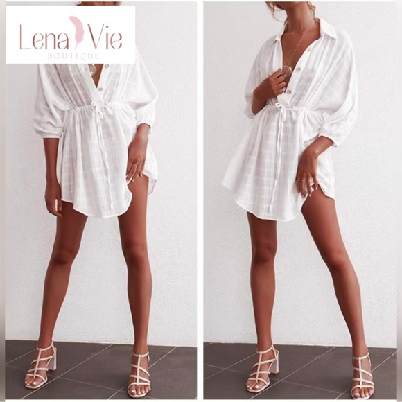 Lena Vie | Sheer Cotton White Plaid Sexy Shirt Dress, Cover-up Sundress - Picture 9 of 15